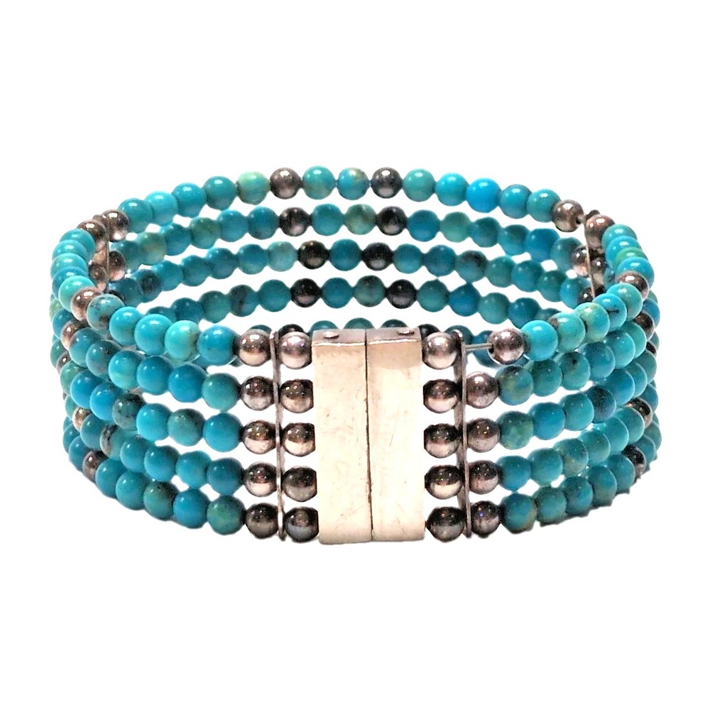Sterling Silver .925 Turquoise Beaded Multi-Strand Magnetic Cuff Bracelet 30g